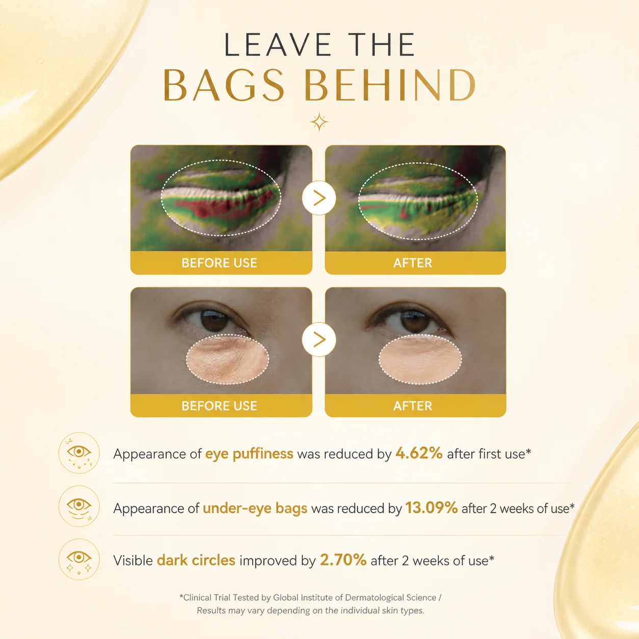 Promotional image for skincare product featuring subtle beige tones, text reading 'Leave the' and design elements like golden accents.
